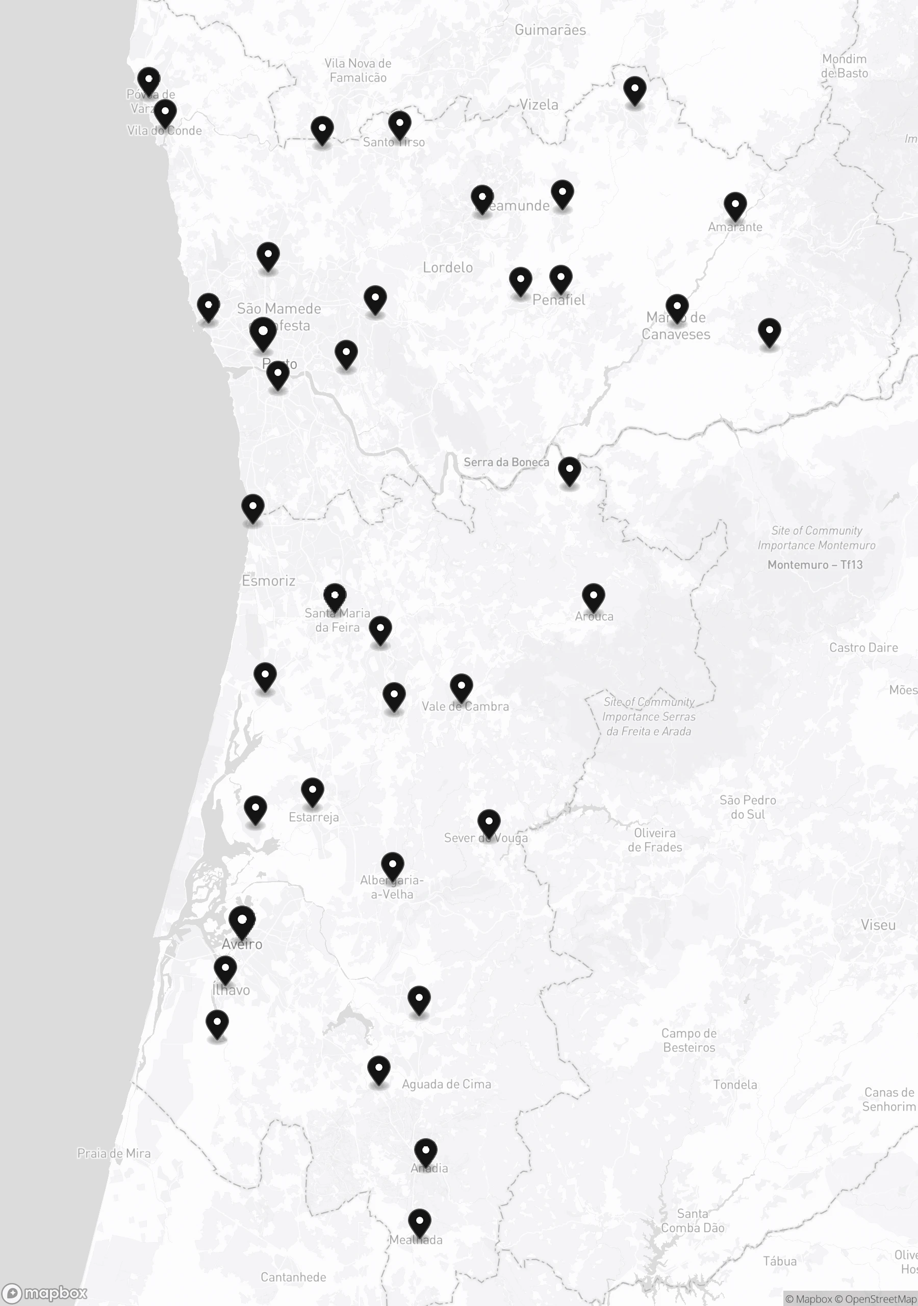 Mapa das zonas de intervenção da VPObras no distrito de Aveiro